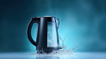 electric kettle on blue background with copy space.の素材