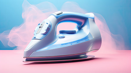 white Steam iron on bright colour background, ai generatedの素材