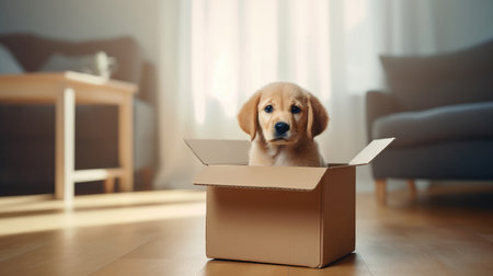 cute dog in cardboard box in living room.の素材
