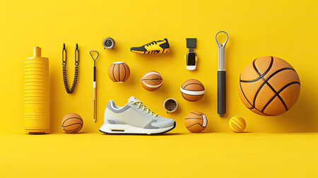 Sport equipment on yellow background.の素材
