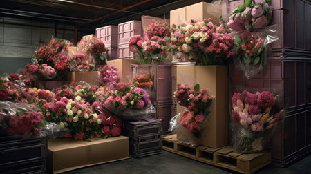 a lot of flowers packed in boxes refrigerator warehouse, flower market, ai generatedの素材