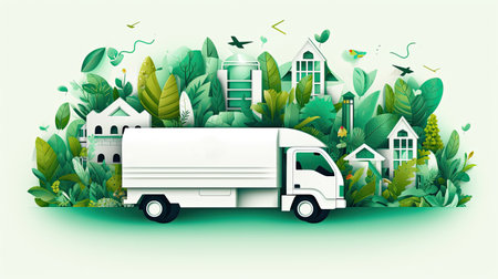 eco delivery, green truck with things in boxes . moving dayの素材