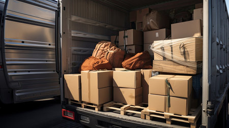 open trunk of a truck with things in boxes . moving dayの素材