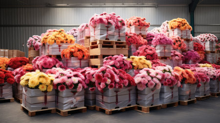 a lot of flowers packed in boxes refrigerator warehouse, flower market, ai generatedの素材