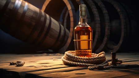 whiskey bottle with ropes and barrel, ai generatedの素材