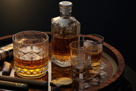 two glasses and bottle of whiskey on a wooden table, ai generatedの素材