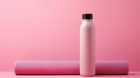 Yoga mat and sport bottle on pastel pink background.の素材