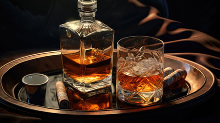 two glasses and bottle of whiskey on a wooden table, ai generatedの素材
