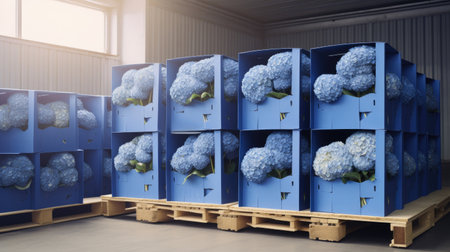 hydrangea flowers packed in boxes refrigerator warehouse, flower market, ai generatedの素材