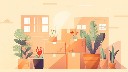 Cardboard boxes and potted plants in room. moving dayの素材