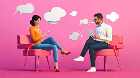 man and woman using laptops and speech bubbles, ai generatedの素材