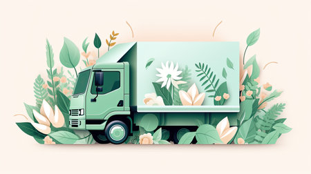 eco delivery, green truck with things in boxes . moving dayの素材
