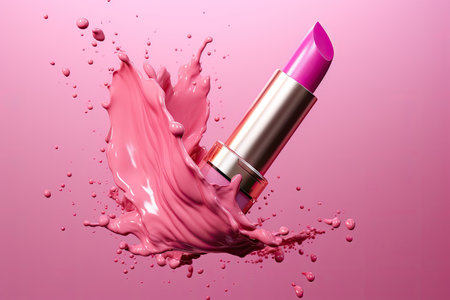 beauty lipstick on pink background with splashes, ai generatedの素材