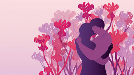 hugging day, couple with blooming flowers, paper cut design.の素材