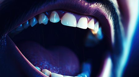 angry man on blue background. open male mouth.の素材