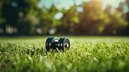 fitness equipment, big gym dumbbells on green grassの素材