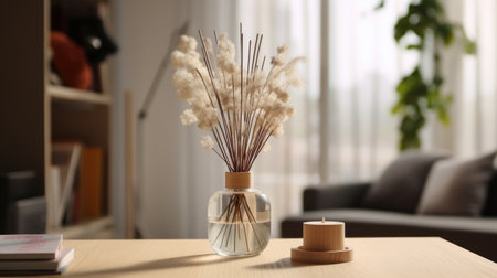 Aromatic reed air freshener and flowers on table in modern living room. High quality photoの素材