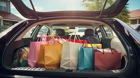 shopping bags and flowers in family car trunk in spring day. gifts, ai generatedの素材