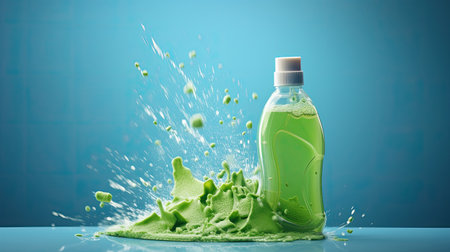 eco-friendly bottle of cleaning product with splash on light backgroundの素材