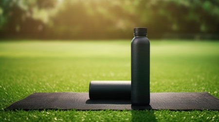 Yoga mat and sport bottle on green grassの素材