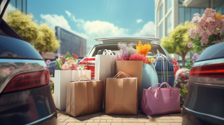 shopping bags and flowers in family car trunk in spring day. gifts, ai generatedの素材