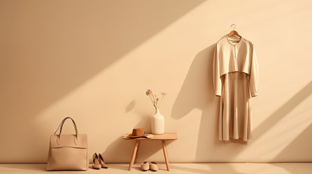 Beige clothes on a rack on beige background. ai generatedの素材