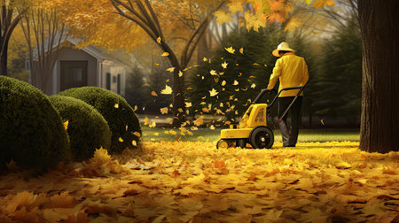 gardener removing yellow leaves from lawn.の素材