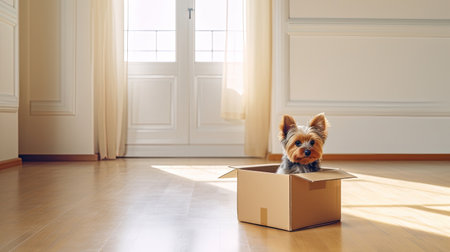 cute dog in cardboard box in living room.の素材