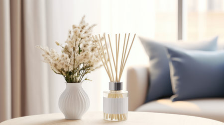 Aromatic reed air freshener and flowers on table in modern living room. High quality photoの素材