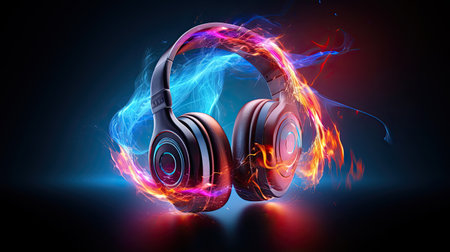 headphones and colourful sound waves on black backgroundの素材