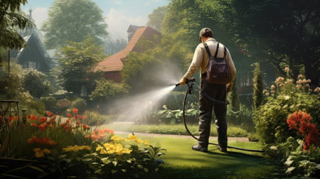 gardener watering the green lawn. ai generatedの素材