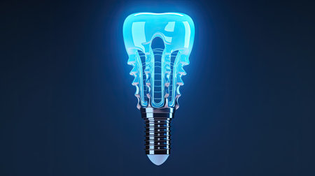 Dental implant, model of human glowing tooth on black background.の素材