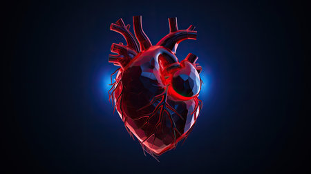 red human heart isolated on blue background.の素材