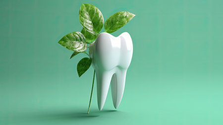 tooth with green leaf, health and disease concept, dental careの素材