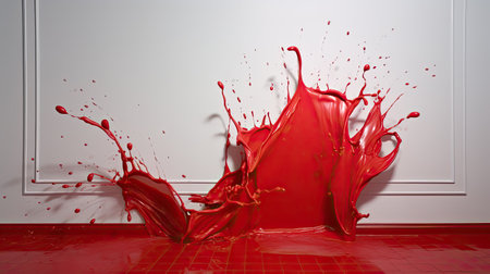 red paint splashes and drops on the wall.の素材
