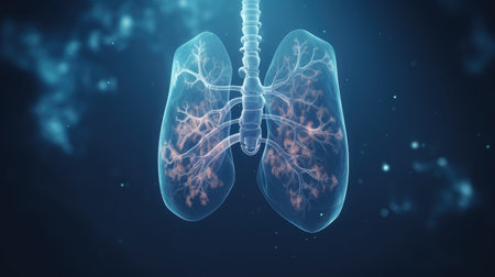 neon glowing human lung on blue background.の素材