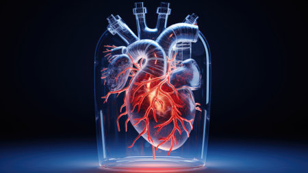 red human heart isolated on blue background.の素材