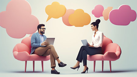 man and woman using laptops and speech bubbles, ai generatedの素材