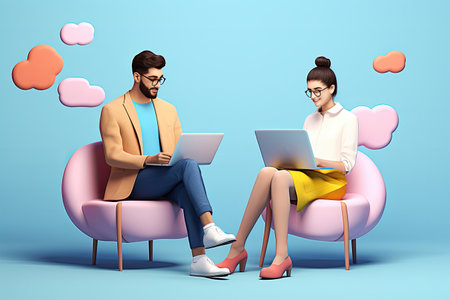 man and woman using laptops and speech bubbles, ai generatedの素材