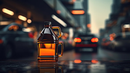 plastic bottle with motor oil against the service station background, ai generatedの素材