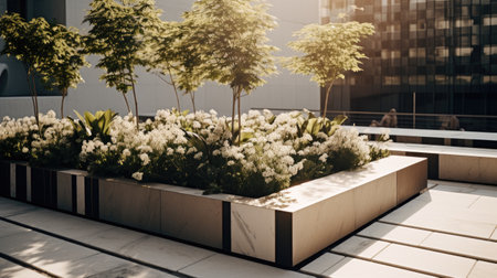 Landscape design with flowers, beautiful residential house backyard in summer.の素材
