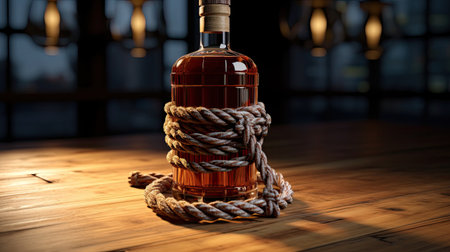 whiskey bottle with ropes and barrel, ai generatedの素材