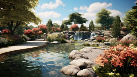 Landscape design with flowers, beautiful residential house backyard in summer.の素材