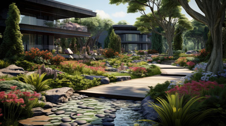 Landscape design with flowers, beautiful residential house backyard in summer.の素材