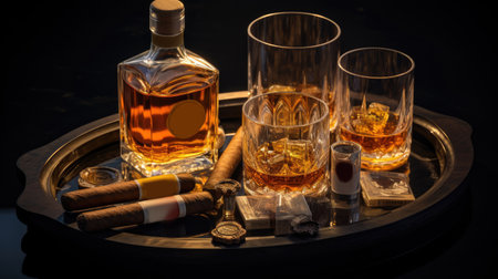 two glasses and bottle of whiskey on a wooden table, ai generatedの素材
