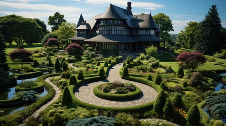 Landscape design with flowers, beautiful residential house backyard in summer.の素材