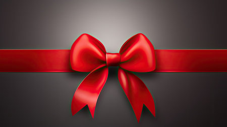 Red ribbon and red bow on dark background.の素材