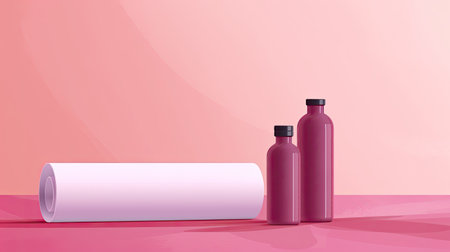 Yoga mat and sport bottle on pastel pink background.の素材