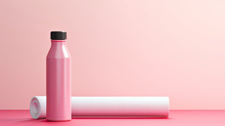Yoga mat and sport bottle on pastel pink background.の素材