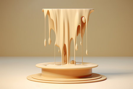 beige pedestal podium with liquid foundation splash swirl on light background, ai generatedの素材